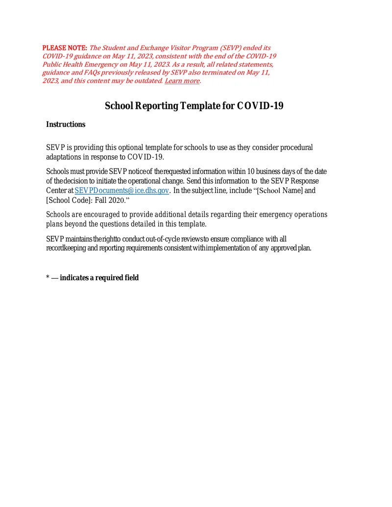 School Reporting Template for COVID-19