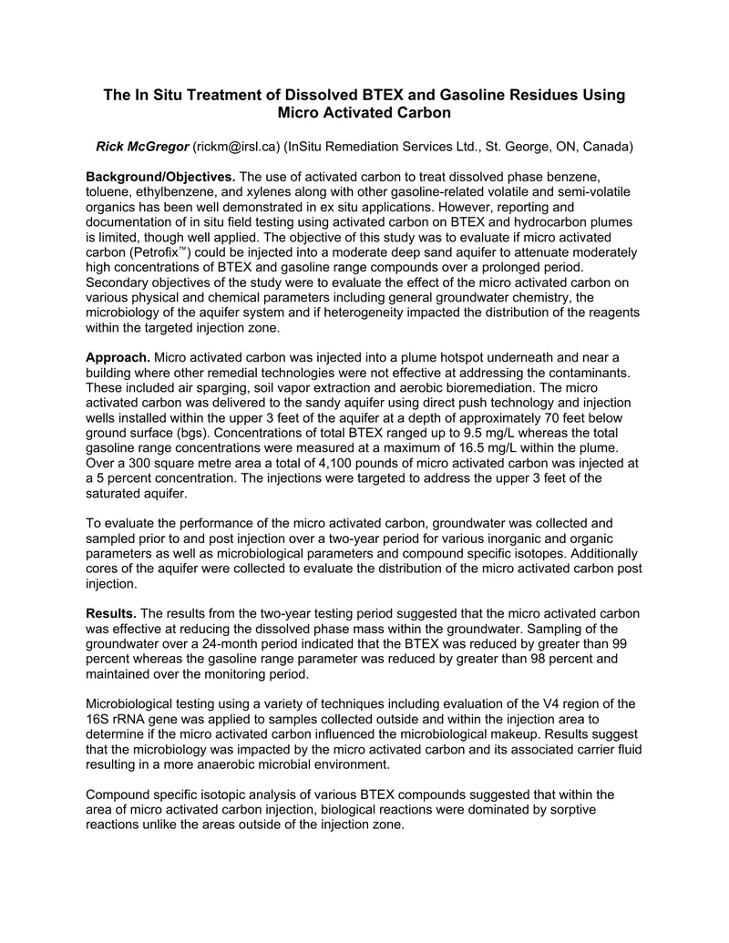 In Situ Treatment of Dissolved BTEX Using Micro Activated Carbon