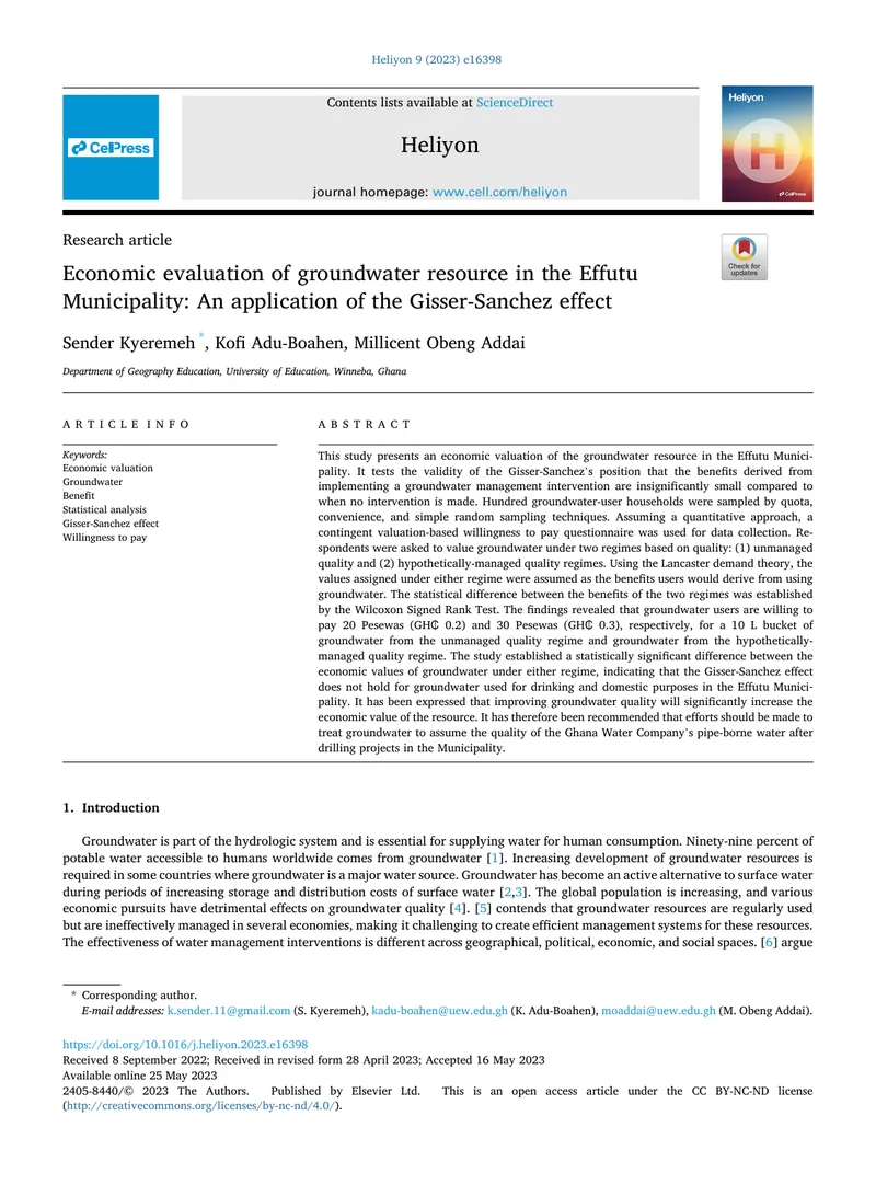 Economic Evaluation of Groundwater Resources in Effutu Municipality