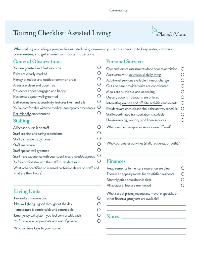 Touring Checklist for Assisted Living Communities