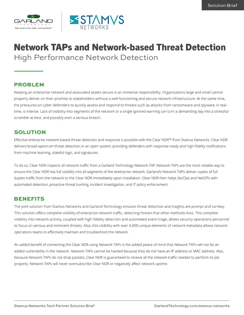 Network TAPs and Network-based Threat Detection Solution Brief