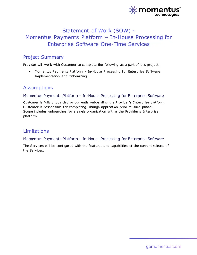 Momentus Payments Platform Implementation Statement of Work