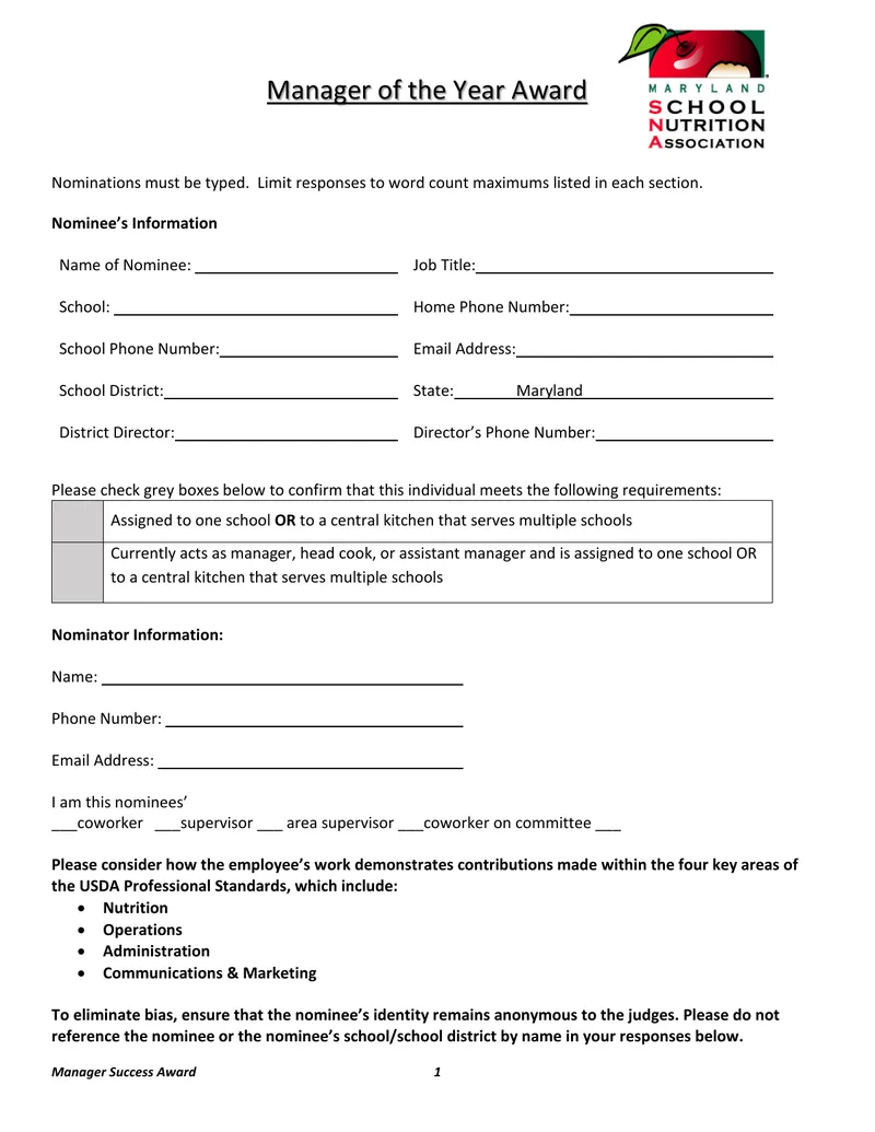 Manager Success Award Nomination Guidelines