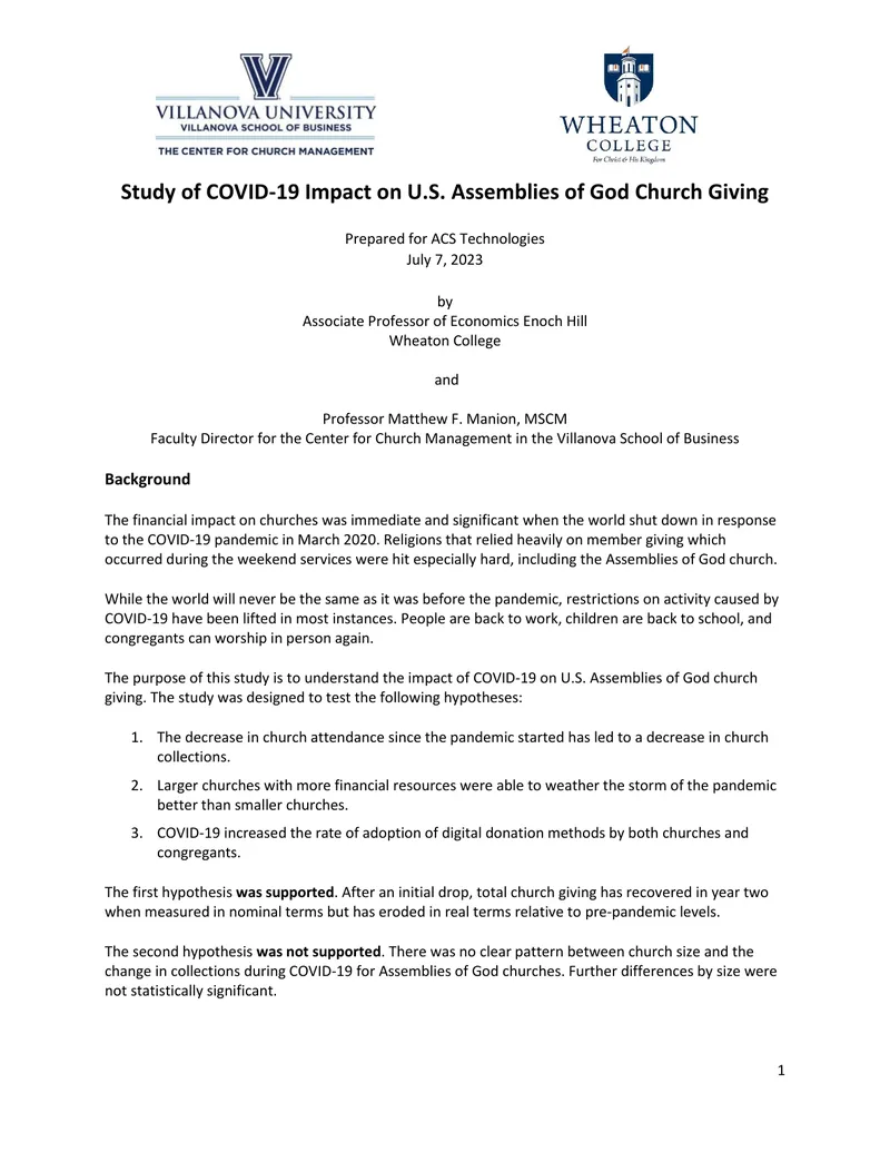 Study of COVID-19 Impact on Assemblies of God Church Giving