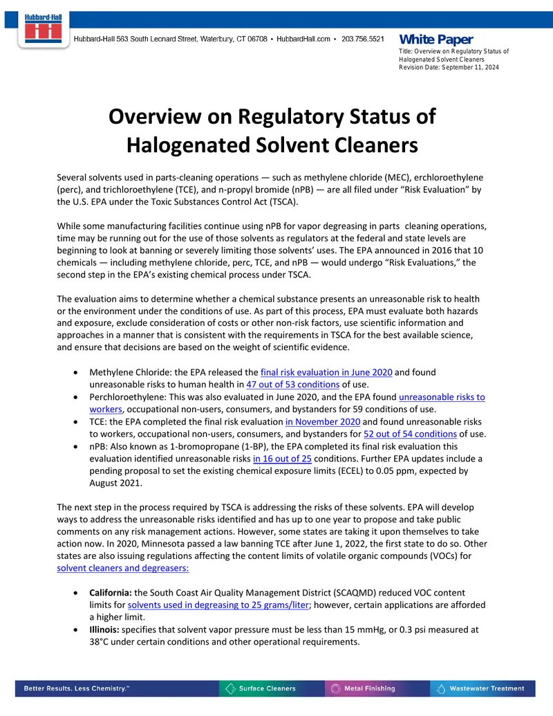 Regulatory Status of Halogenated Solvent Cleaners