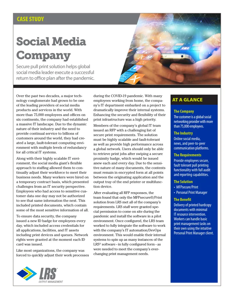 Secure Pull Printing Solution for Social Media Company