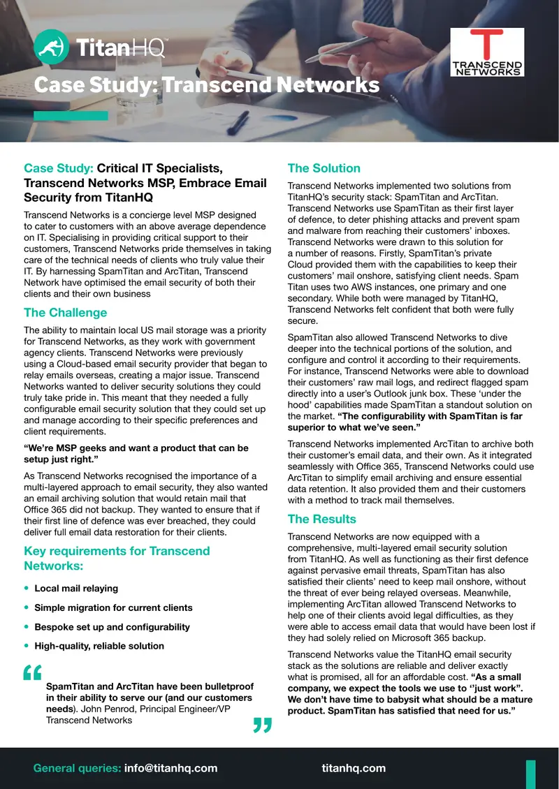 Transcend Networks Email Security Case Study