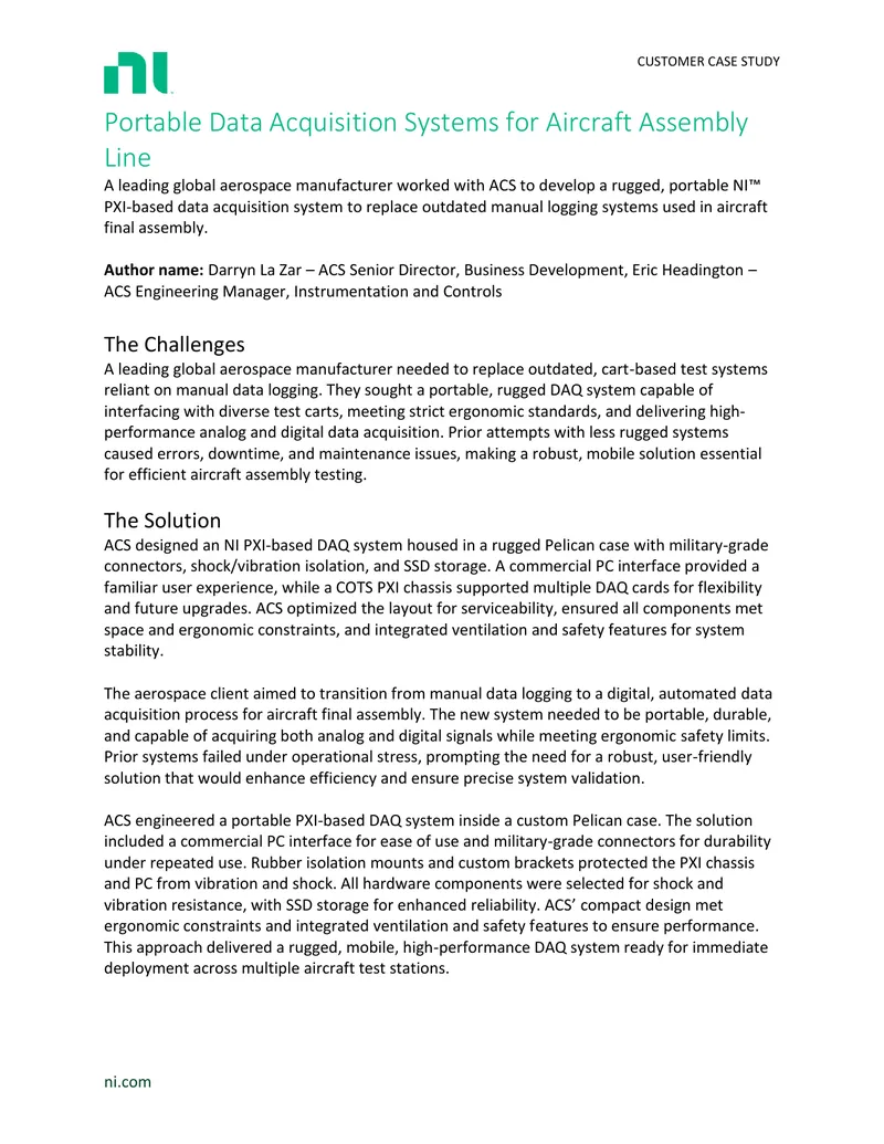Portable Data Acquisition Systems for Aircraft Assembly