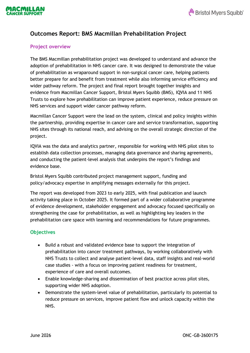 Outcomes Report for BMS Macmillan Prehabilitation Project