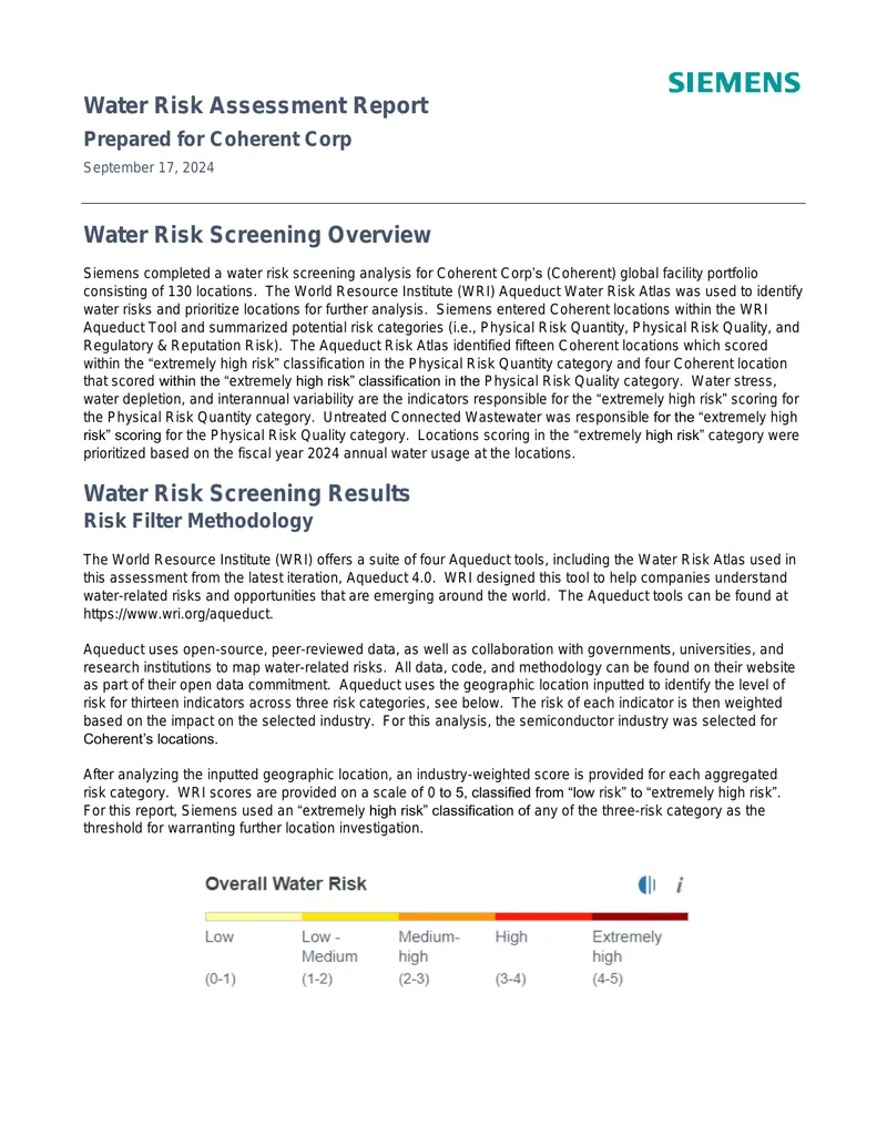 Water Risk Assessment Report for Coherent Corp