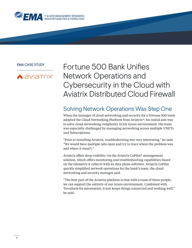 Fortune 500 Bank Implements Aviatrix Distributed Cloud Firewall
