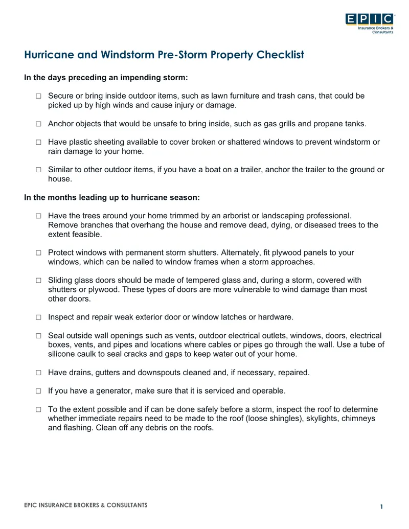 Hurricane and Windstorm Property Checklists