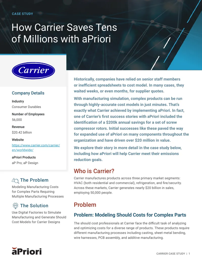 Carrier Case Study on Manufacturing Cost Modeling