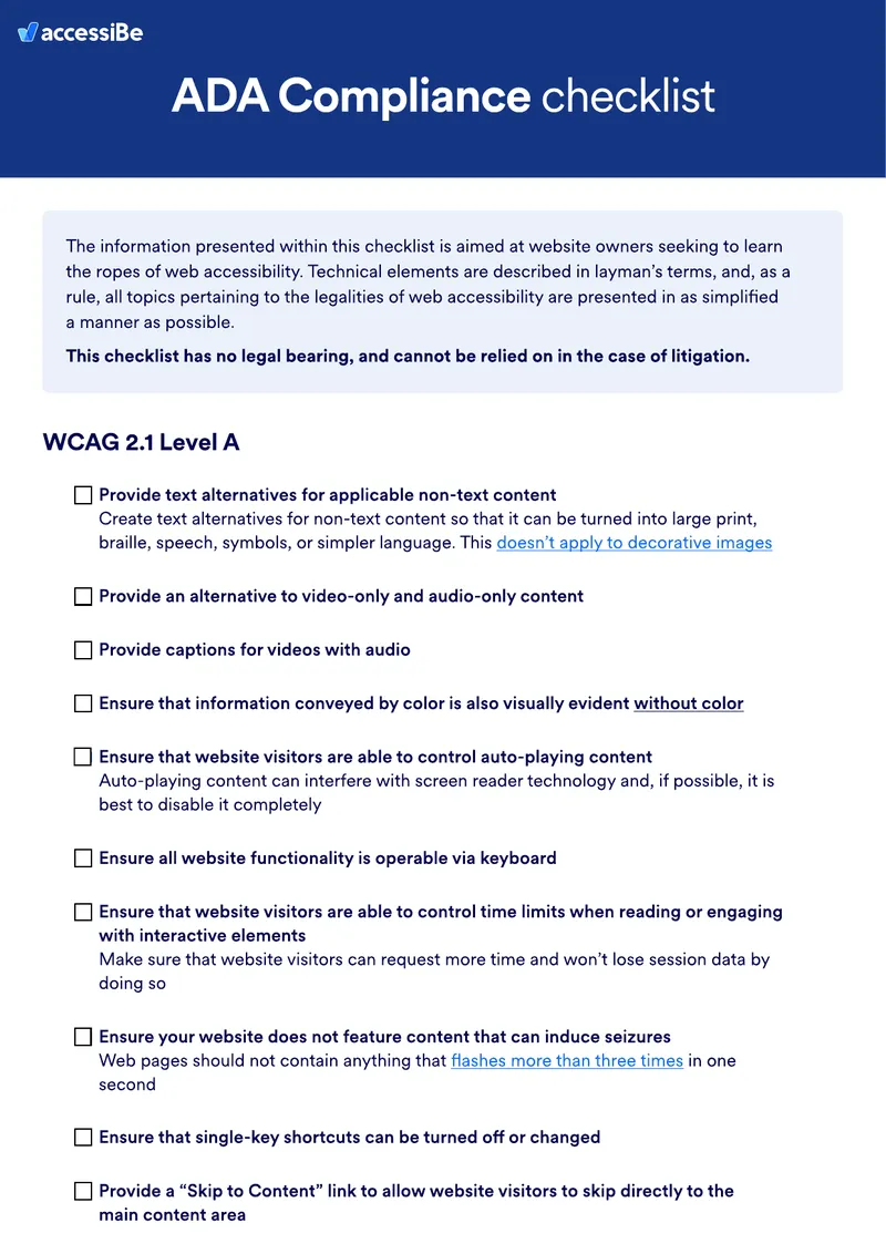 ADA Compliance Web Accessibility Checklist