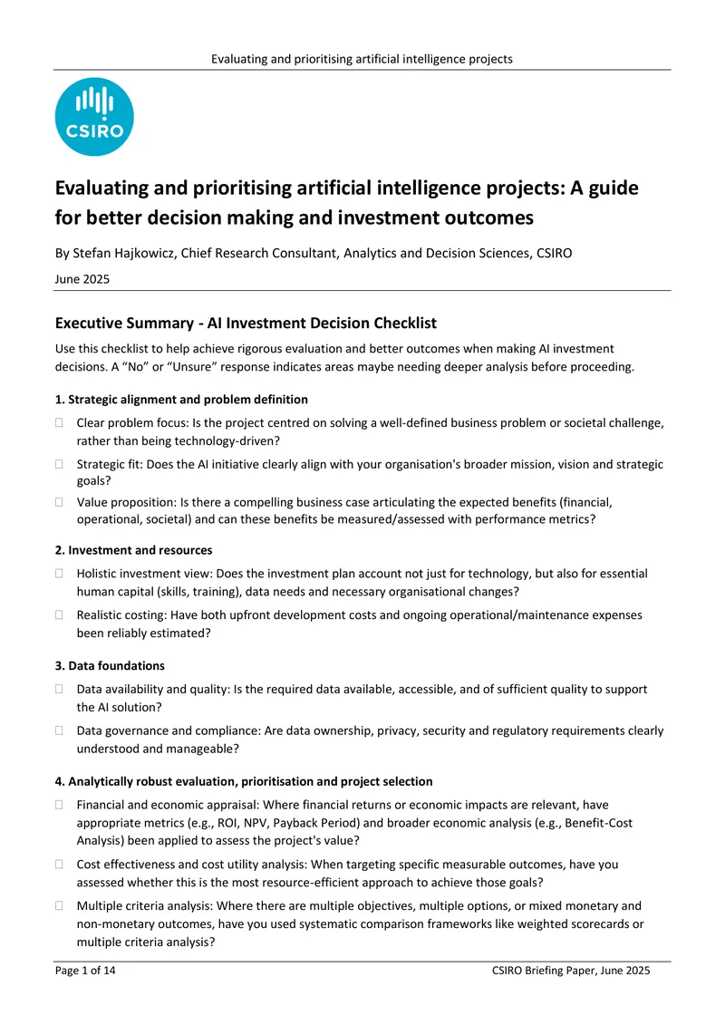 Evaluating and Prioritising Artificial Intelligence Projects Guide