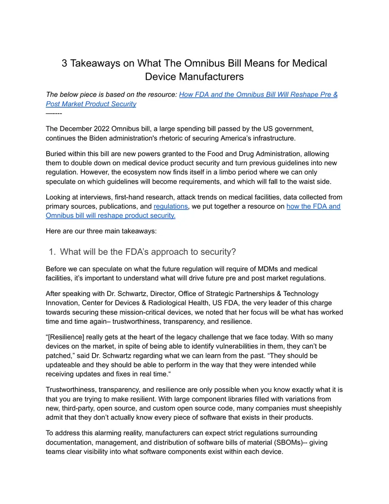 Implications of the Omnibus Bill for Medical Device Security
