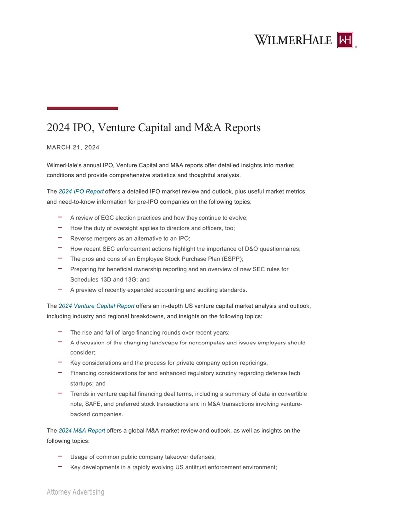 2024 IPO, Venture Capital and M&A Market Reports