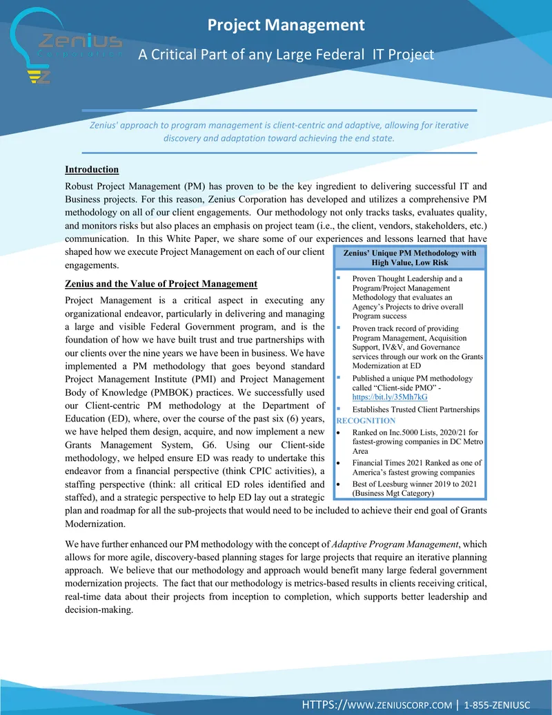 Zenius Corporation Project Management Methodology