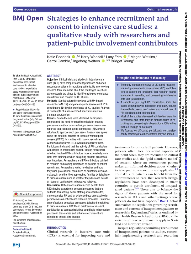 Strategies for Recruitment and Consent in Intensive Care Studies