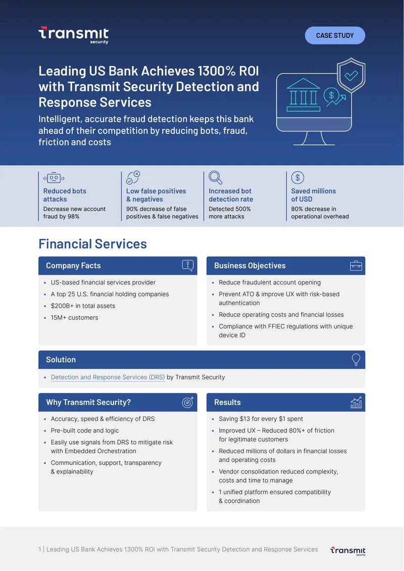 Leading US Bank Achieves 1300% ROI with Transmit Security Services