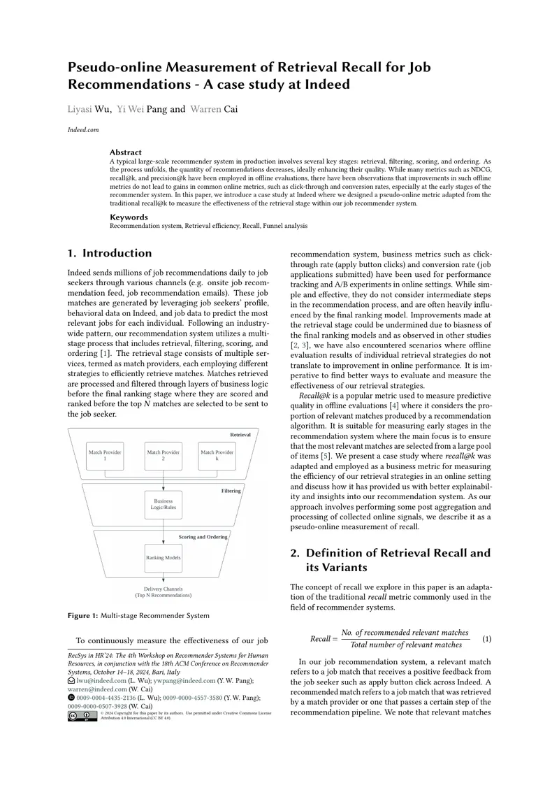 Pseudo-online Measurement of Retrieval Recall for Job Recommendations