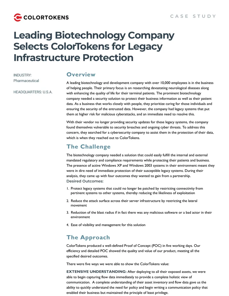 Biotechnology Company Legacy Infrastructure Protection Case Study