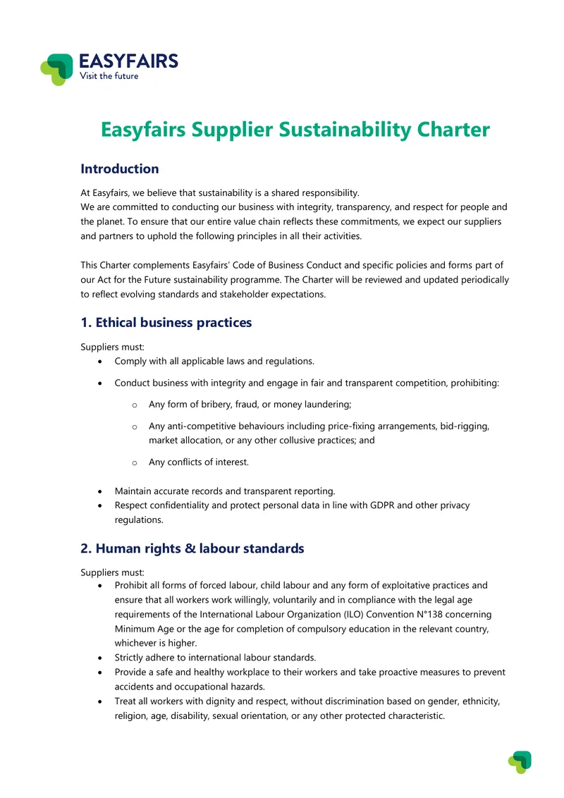 Easyfairs Supplier Sustainability Charter