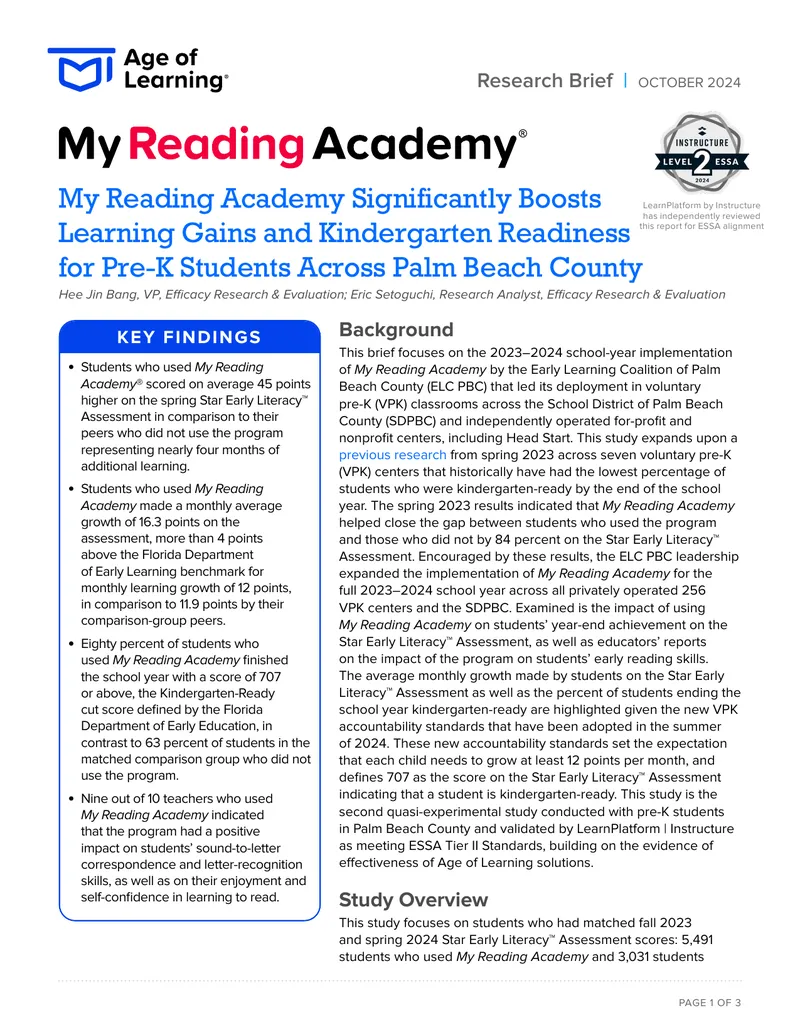 Impact of My Reading Academy on Pre-K Learning Gains