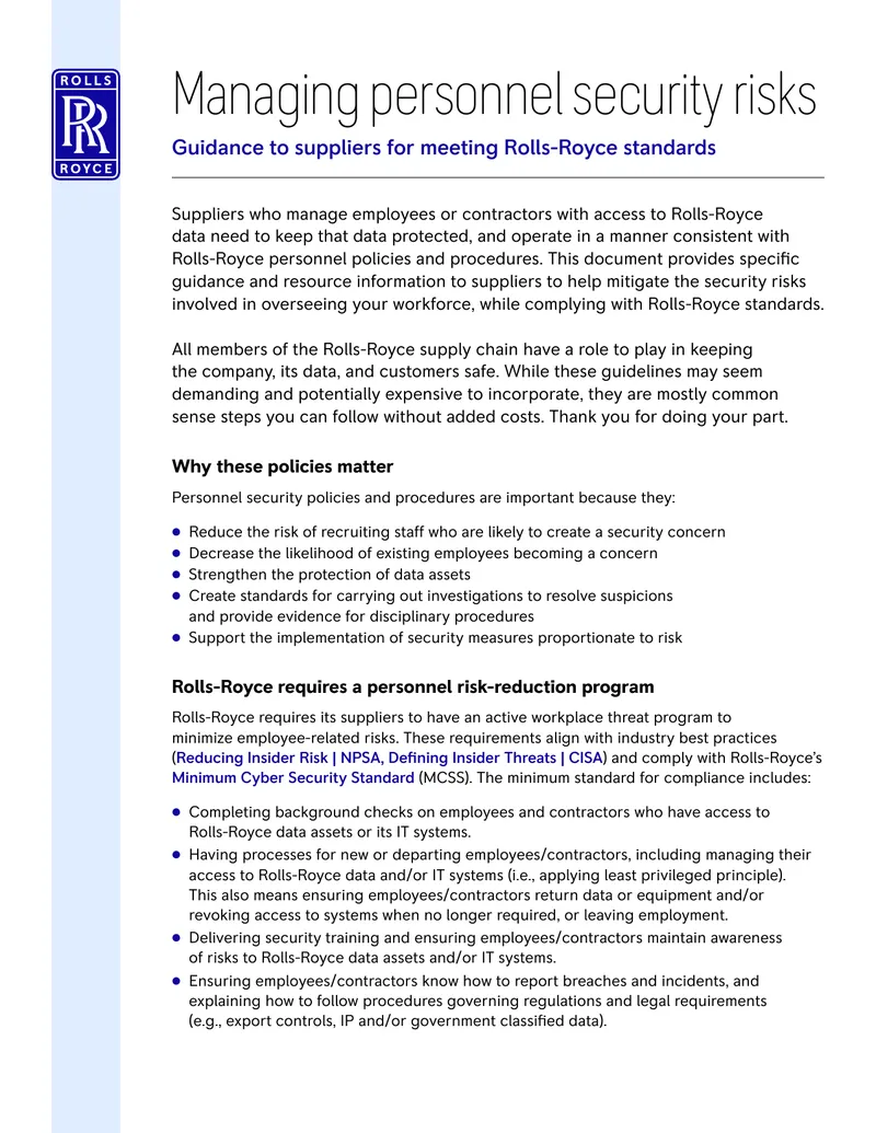 Managing Personnel Security Risks for Suppliers