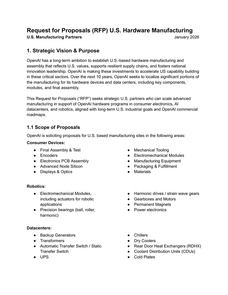 Request for Proposals for U.S. Hardware Manufacturing