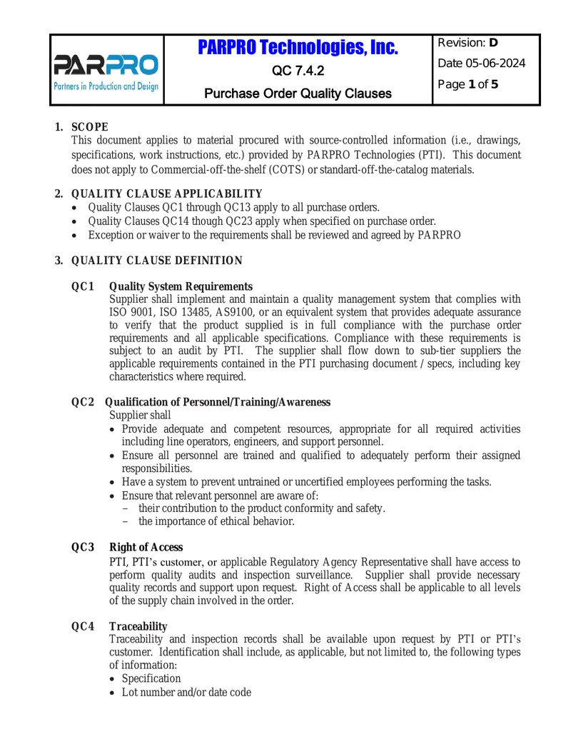 Purchase Order Quality Clauses for Suppliers