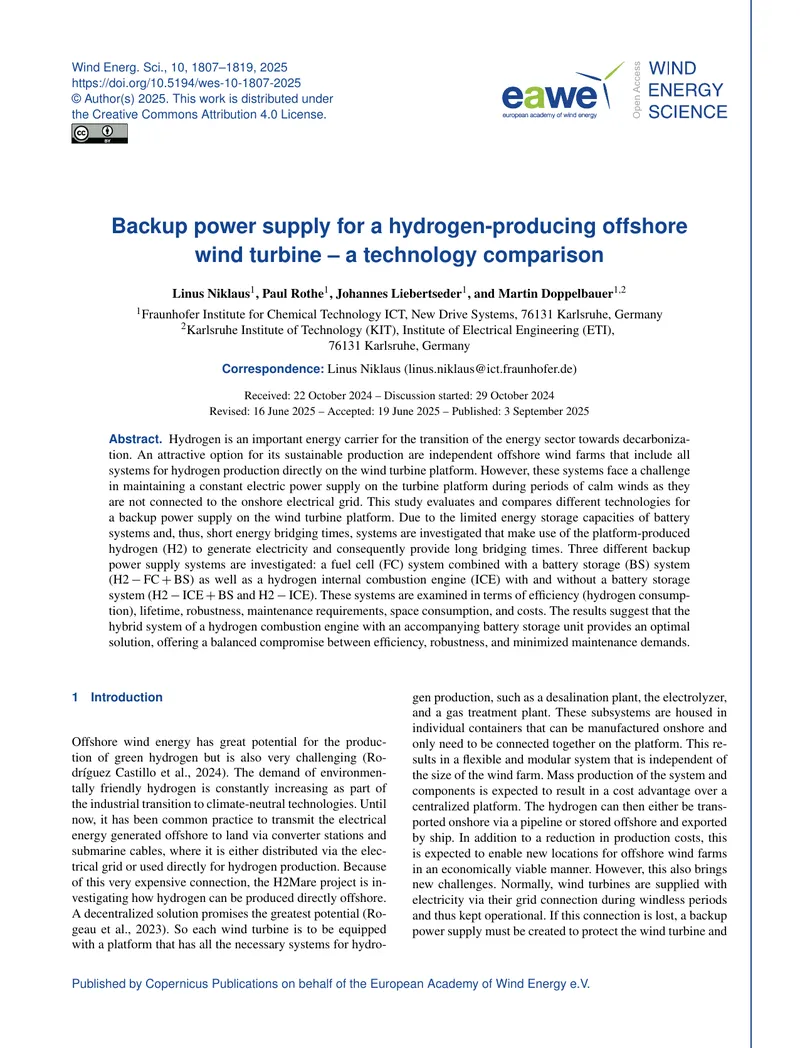 Backup Power Supply Technologies for Offshore Wind Turbines