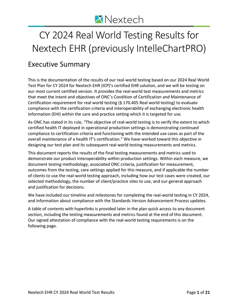 Nextech EHR 2024 Real World Testing Results