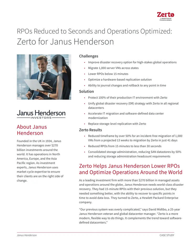 Zerto Implementation Case Study for Janus Henderson