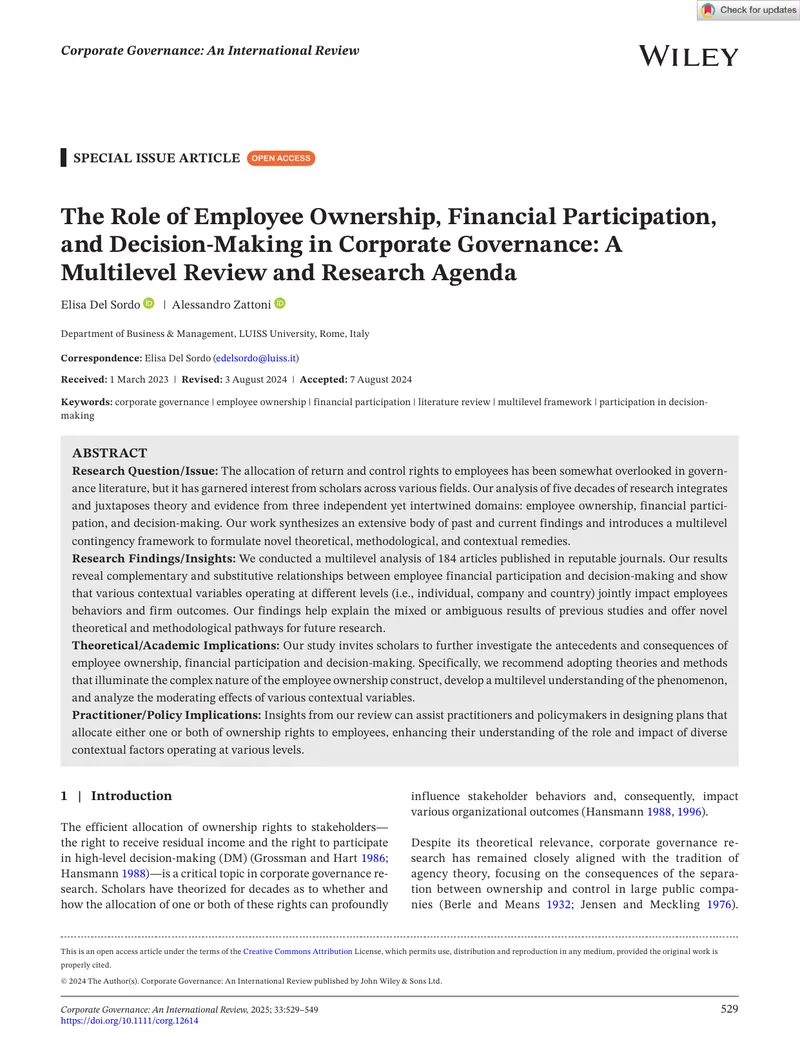 The Role of Employee Ownership in Corporate Governance