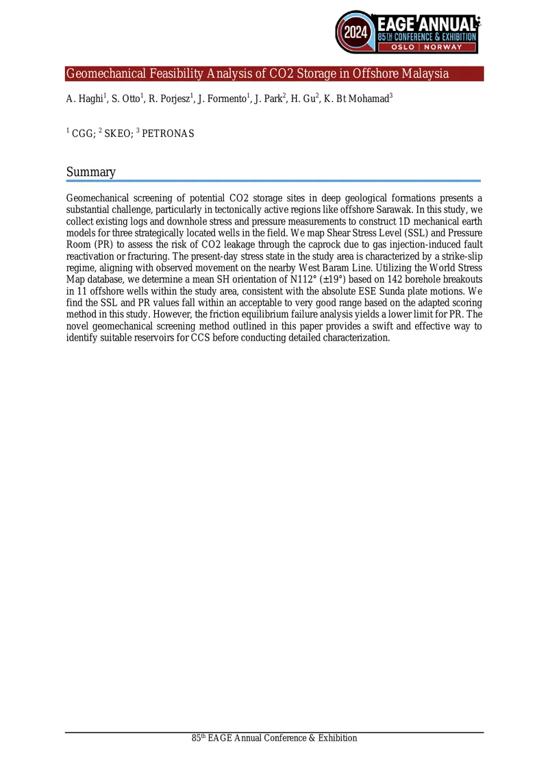Geomechanical Feasibility Analysis of CO2 Storage in Offshore Malaysia