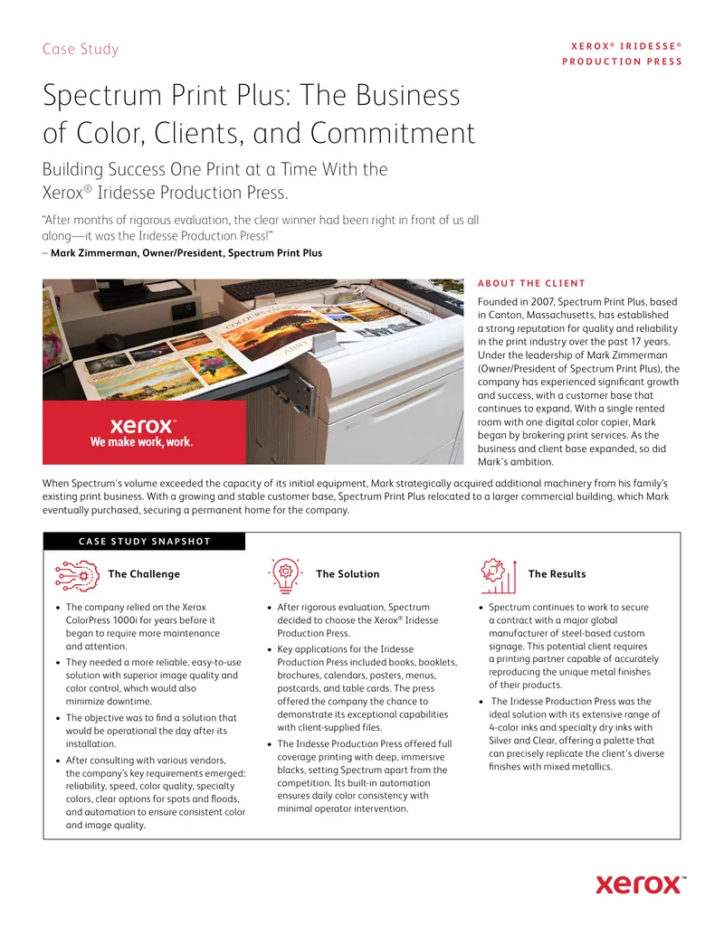 Spectrum Print Plus Case Study on Xerox Iridesse Press