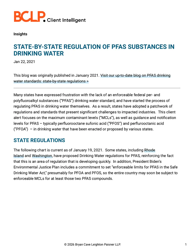 State Regulations for PFAS in Drinking Water