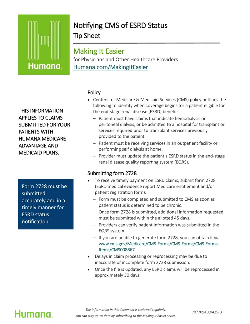 Notifying CMS of ESRD Status Tip Sheet
