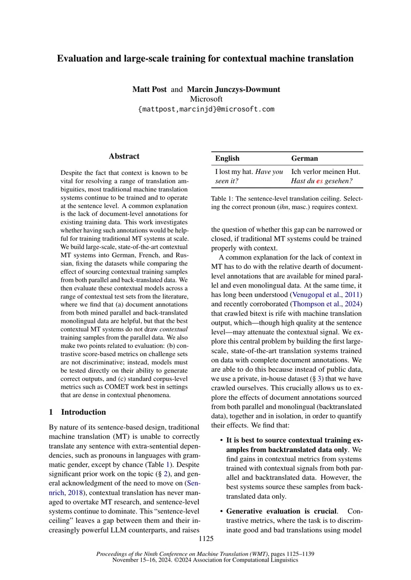 Evaluation of Contextual Machine Translation Systems
