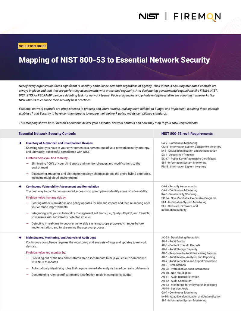 Mapping of NIST 800-53 to Essential Network Security