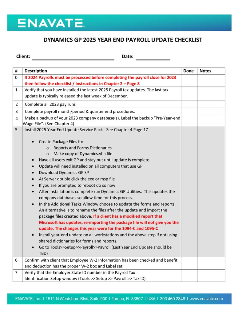 Dynamics GP 2025 Year End Payroll Update Checklist