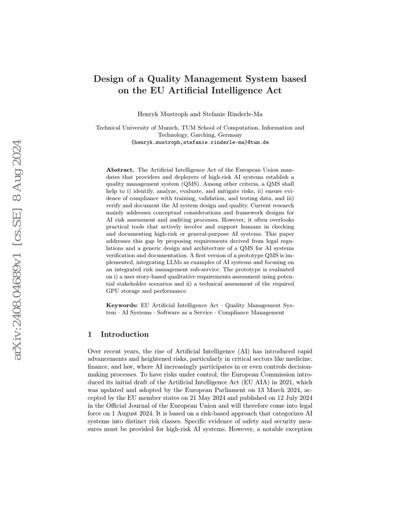 Design of a Quality Management System for AI