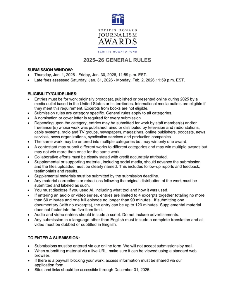 2025–26 Scripps Howard Journalism Awards Submission Guidelines