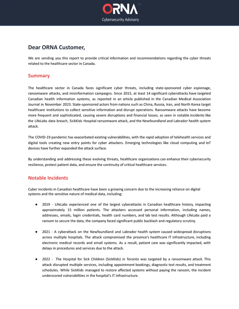 Cyber Threats in Canadian Healthcare Sector Report