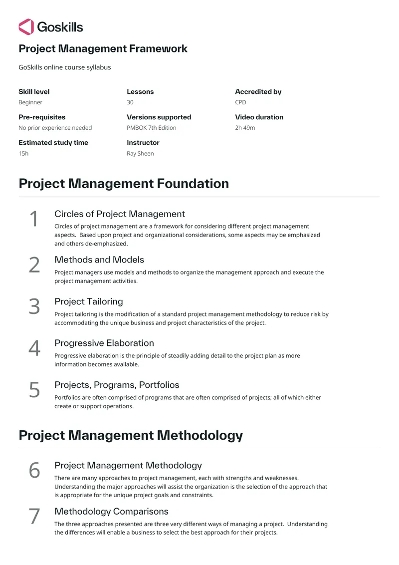 Project Management Framework and Methodologies