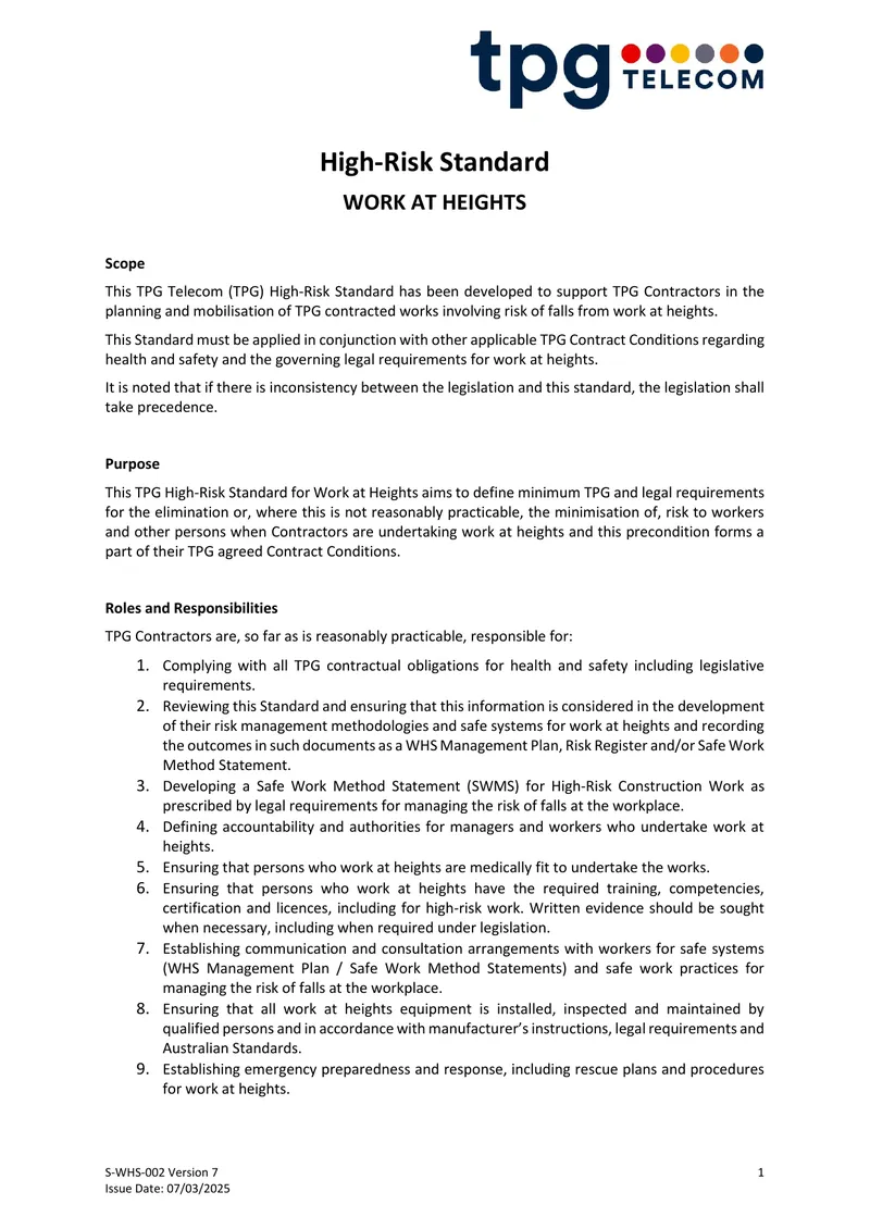 High-Risk Standard for Work at Heights