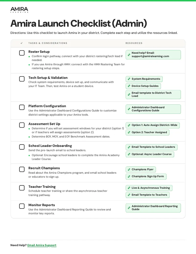 Amira Launch Checklist for District Administrators