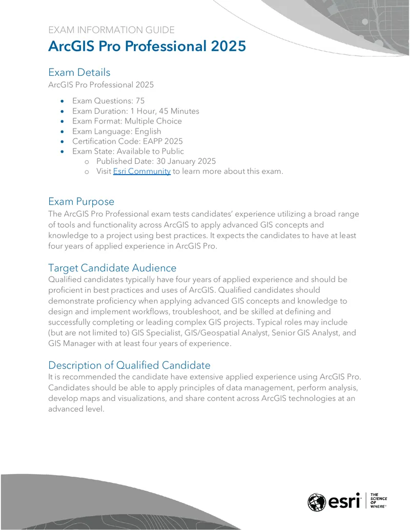 ArcGIS Pro Professional 2025 Exam Information Guide