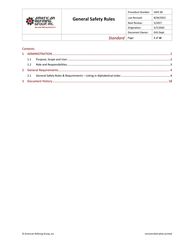 General Safety Rules for American Refining Group